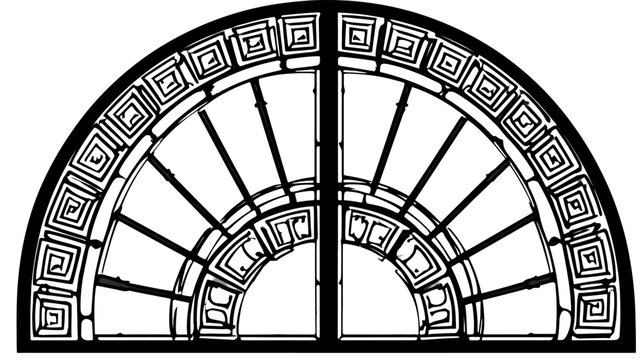Hand-drawn, semi-circular window with a square patterned frame and divider lines
