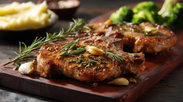 Seared Pork Chops with Rosemary and Garlic on Walnut Board for Healthy Sustainable Lifestyle Meal Prep Culinary Background