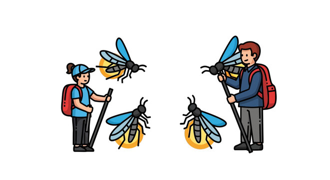 Two cartoon hikers with backpacks and walking sticks observing glowing fireflies.