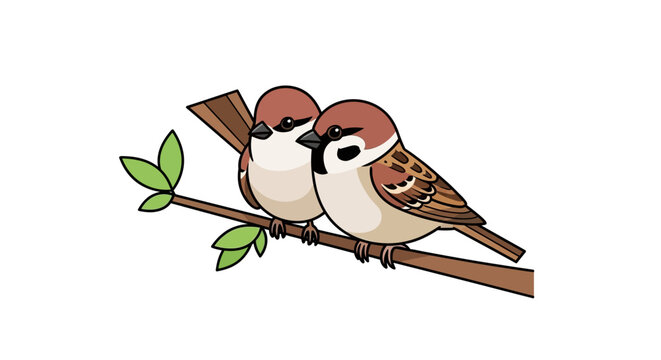 Two adorable sparrows perched on a tree branch, close-up view.