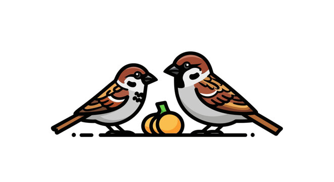 Two Adorable Sparrows Perched Beside a Small Pumpkin.