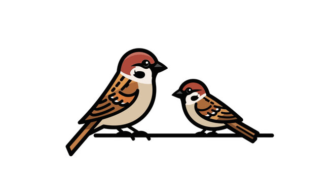 Two Adorable Sparrows Perched Together on a Branch, Simple Illustration.