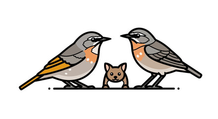 Obraz premium Two Birds and a Small Dog Cartoon Illustration on White Background.