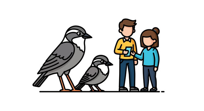 Two Birds and Two People Standing Together in Illustration.