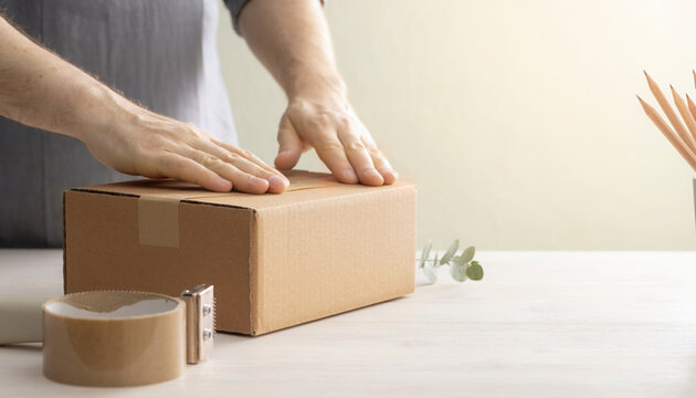 Smart logistics e commerce parcel packing on desk with male hand sealing cardboard box for online delivery small business shipping concept