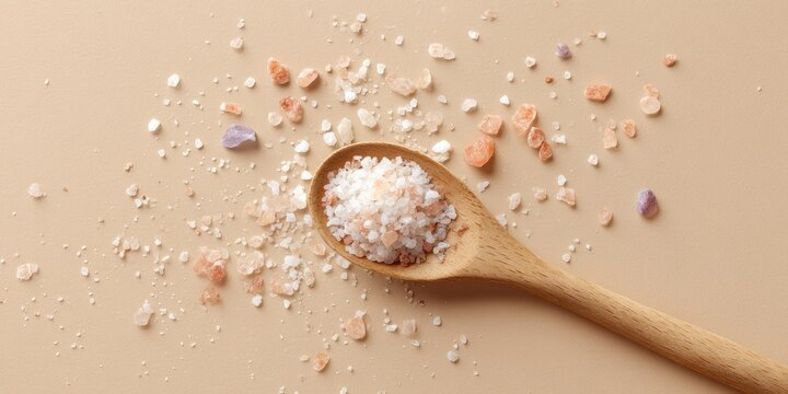 Wooden spoon filled with coarse sea salt and scattered colorful bath salts on a beige background.