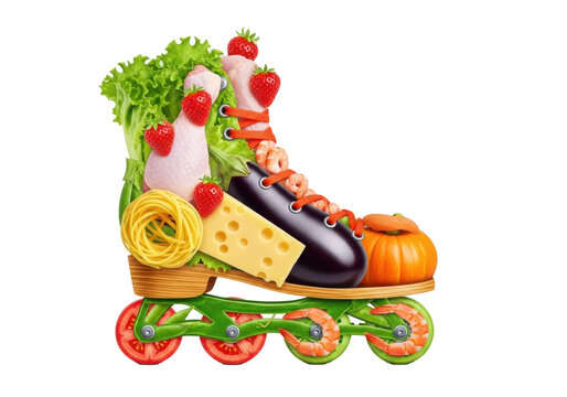 An intricate inline skate crafted from fresh food: lettuce, chicken, strawberries, Emmental, and tomato wheels, isolated on transparent with copy space, Concept of a healthy active lifestyle