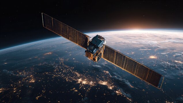 Advanced Satellite Orbiting Earth with Solar Panels Extended.