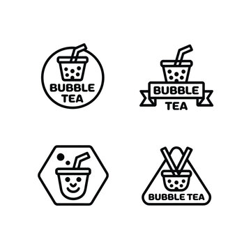 Bubble tea logos with different designs and shapes on a beige background