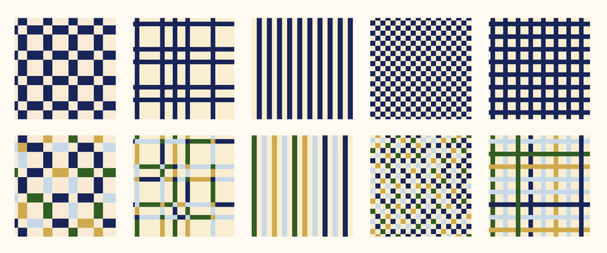 Summer holiday checkerboard and stripes seamless pattern collection. Blue, olive green and yellow sand color. Mediterranean design style background for cover, notebook, packaging.