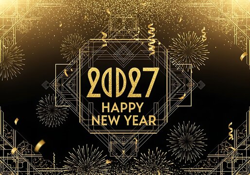 Golden new year celebration with fireworks and geometric patterns on dark background