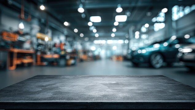 Automotive Workshop Interior with Cars and Equipment.