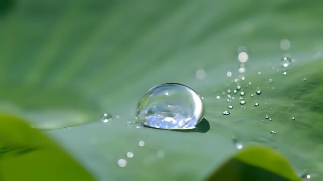 Macro shot of a single water droplet on a vibrant green leaf surface.