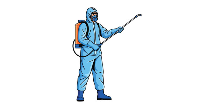 A cartoon illustration depicts a person in a full hazmat suit spraying with a long handled device