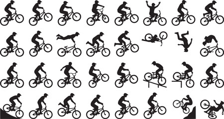 Naklejka premium BMX Stunt Silhouette Icon Set - Freestyle Bike Trick & Stunt Variations.