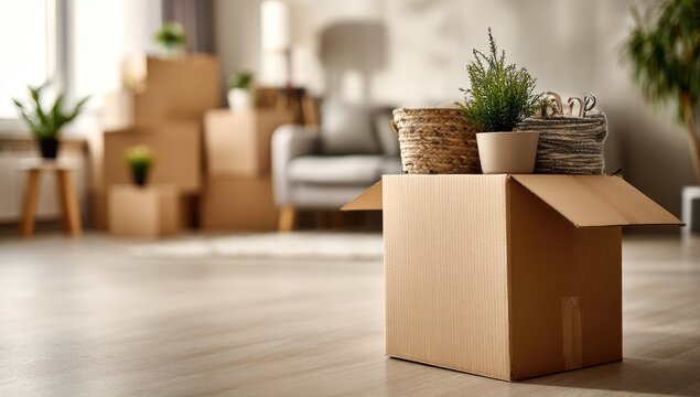 Moving Day Scene with Cardboard Boxes and Potted Plants in a Bright Room.