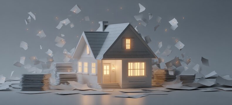 Abstract 3D Render of a House Shattering into Pieces.
