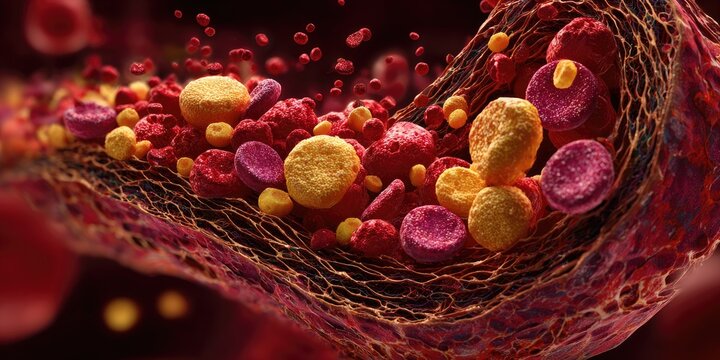 Microscopic view of blood vessel with red blood cells and cholesterol buildup.