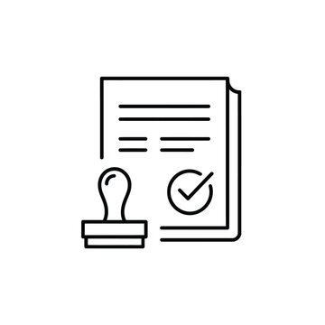Line art illustration of a document with a stamp and checkmark