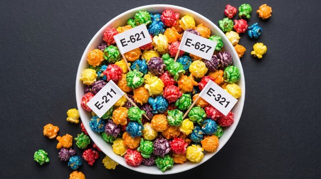 Colorful popcorn with E-number flags indicating food additives, artificial coloring concept, unhealthy sweet snack, processed food