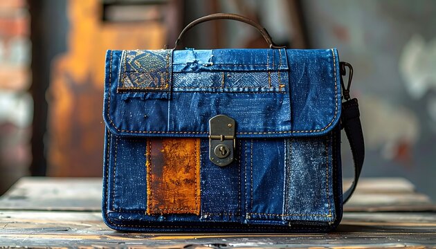 Handmade upcycled denim messenger bag crafted with unique patchwork design, showcasing sustainable fashion and artisan craftsmanship with a rustic charm and vintage appeal