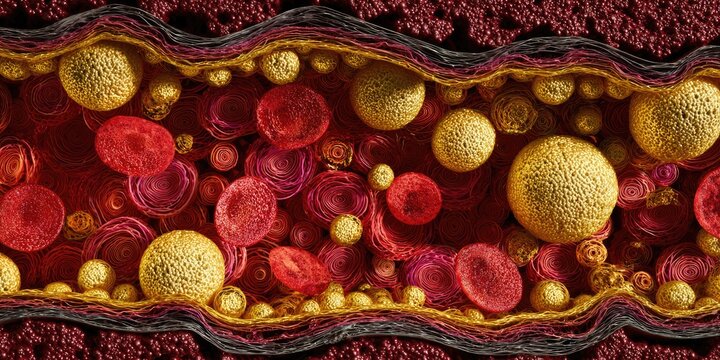 Microscopic view of blood cells and cholesterol plaque buildup in an artery.