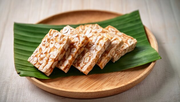 sliced tempeh on banana leaf placed on wooden plate