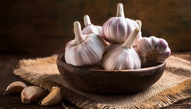 rustic bowl of garlic bulbs on burlap and wooden table