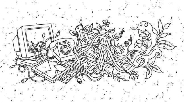 Vintage technology and organic plant growth intertwining in a creative illustration