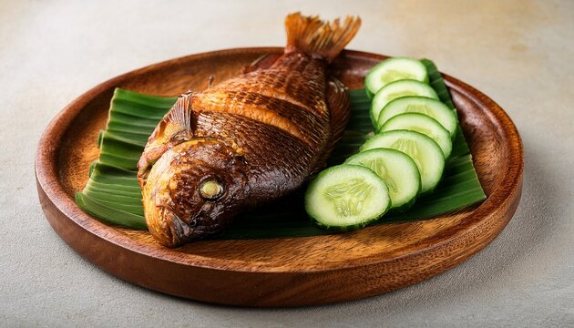 traditional indonesian pepes ikan with fresh cucumbers on wooden plate