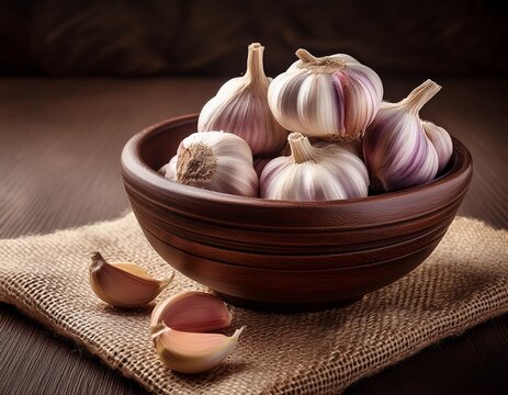 rustic bowl of fresh garlic on burlap cloth