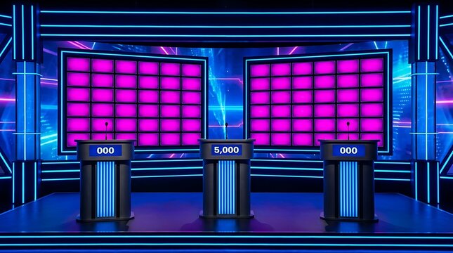 A vibrant game show set with three podiums illuminated by neon pink and blue lighting creating a futuristic atmosphere