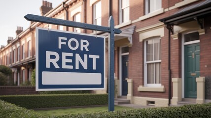 Fototapeta premium For Rent sign in front of a traditional brick terraced house with a neatly trimmed green hedge