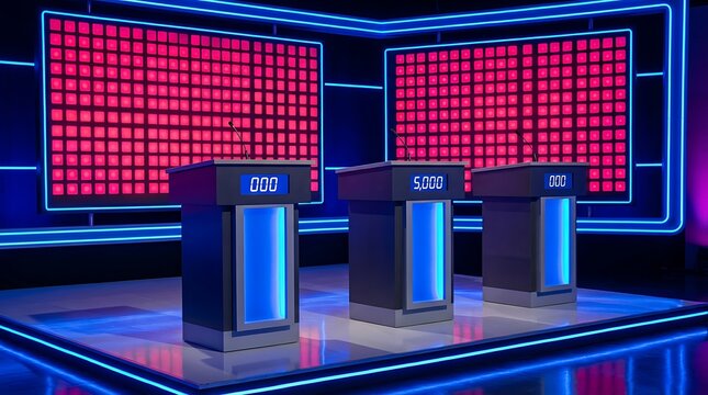 A futuristic game show set with three contestant podiums illuminated by vibrant red and blue lighting effects