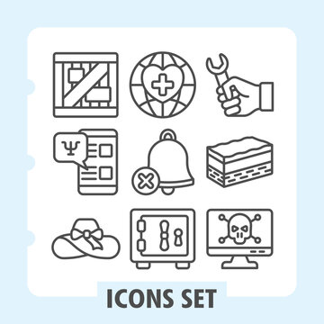 Set of nine essential line icons including security, healthcare, tools, communication and finance concepts on white background. Ideal for web, digital projects and print media.