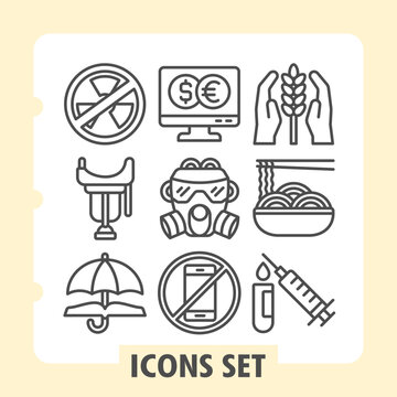 Set of nine vector line icons representing prohibition, finance, agriculture and industrial concepts on white background. Ideal for web, digital projects and print media.