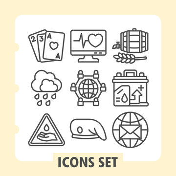 Set of nine vector line icons representing healthcare, travel, security, finance and technology concepts on white background. Ideal for web, digital projects and print media.
