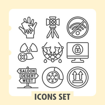 Set of nine line icons featuring parentship, science, culture, fishing, connectivity and travel concepts on white background. Ideal for web, digital projects and print media.