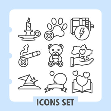 Set of nine line icons featuring prohibition, magic, sports, toys and parenting concepts on white background. Ideal for web, digital projects and print media.