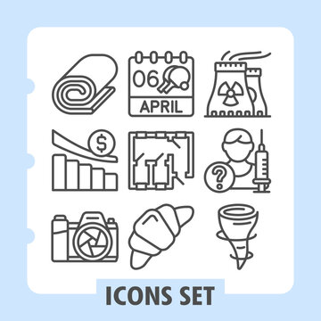 Set of nine line icons featuring calendar dates, clocks and seasonal spring tools concepts on white background. Ideal for web, digital projects and print media.