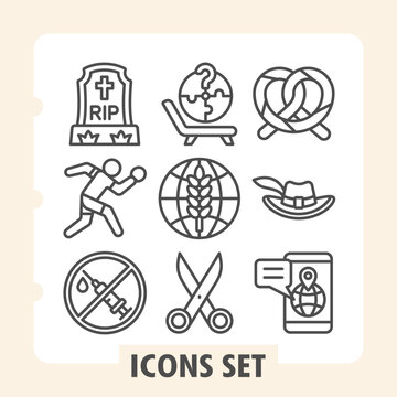 Set of nine line icons representing cemetery, sports, agriculture, puzzlement and daily life concepts on white background. Ideal for web, digital projects and print media.
