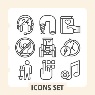 Set of nine line icons depicting support, prohibition, work, security, reading and daily life concepts on white background. Ideal for web, digital projects and print media.
