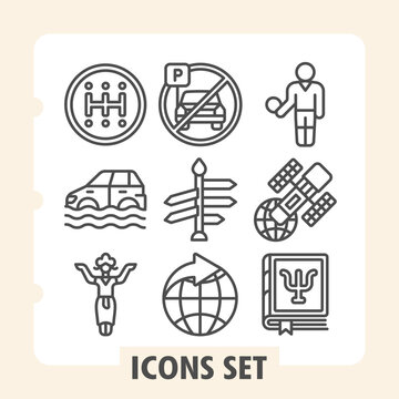 Set of nine line icons depicting travel, transport, technology and global communication concepts on white background. Ideal for web, digital projects and print media.