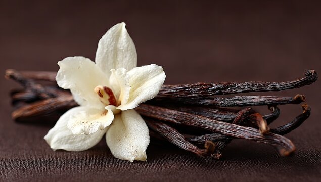 Vanilla Beans and Orchid Flower on Dark Background.