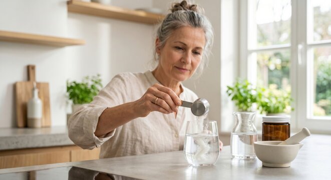 Mature woman preparing daily creatine drink shows healthy aging wellness routine, simple strength support and modern supplement habit in clean kitchen. Protein shake