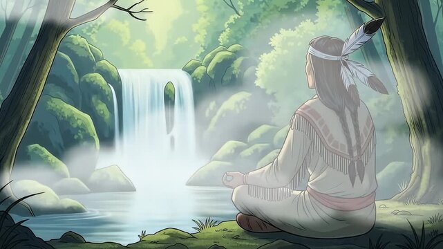Person meditates near waterfall in a lush forest, depicted in cartoon style