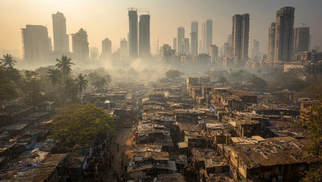 Urban Contrast - Slums Below Modern Skyscrapers in Hazy Cityscape.