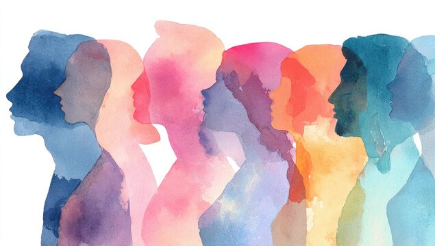 Watercolor Silhouettes of Diverse People in Profile Facing Right.