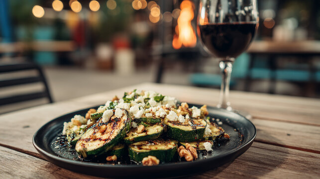 Grilled zucchini salad with feta and walnuts served with red wine outdoors zucchini vegetable