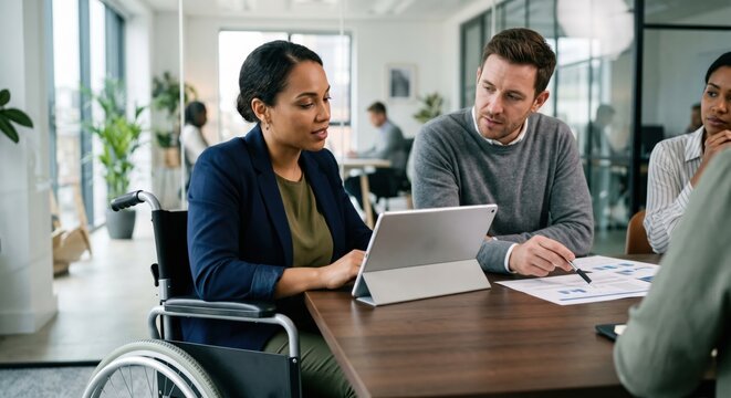 Accessible workplace meeting with live captions and shared notes shows disability inclusion, practical accommodation and realistic professional collaboration in action.